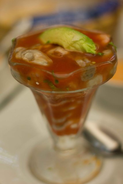 Prawn and oyster cocktail, enjoyed with saltines.