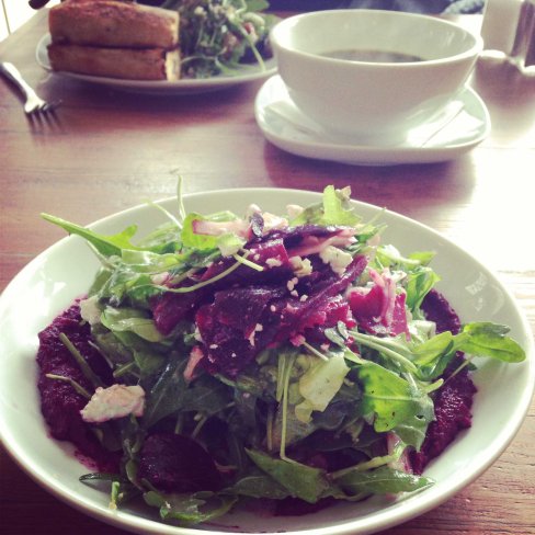 Deliciousness... Day 6 -Roasted beet salad with arugula and beet hummus