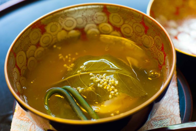 Steamed Wakasa tilefish, sticky rice, bamboo shoot, cherry leaf, toasted rice crackers, ginger juice.