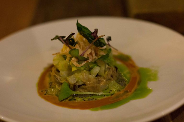 Side strip prawn & scallop crudo with lemon, basil, avocado and smoked eggplant - The prawns and scallops were minced a bit too finely and their flavours were lost with everything else on the plate. That's not to say I didn't devour every little piece of this dish though.