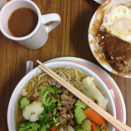 Saimin with vegetables with a side of fried rice loco moco.