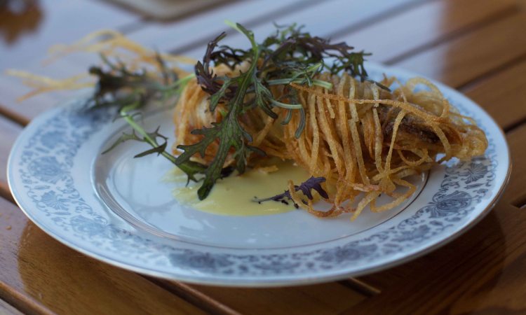 Potato crusted oyster with sweet corn and truffle