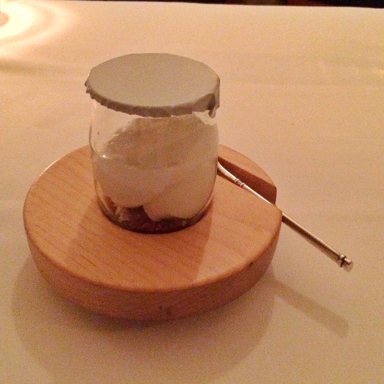 Whey sorbet with caramelized milk and yogurt